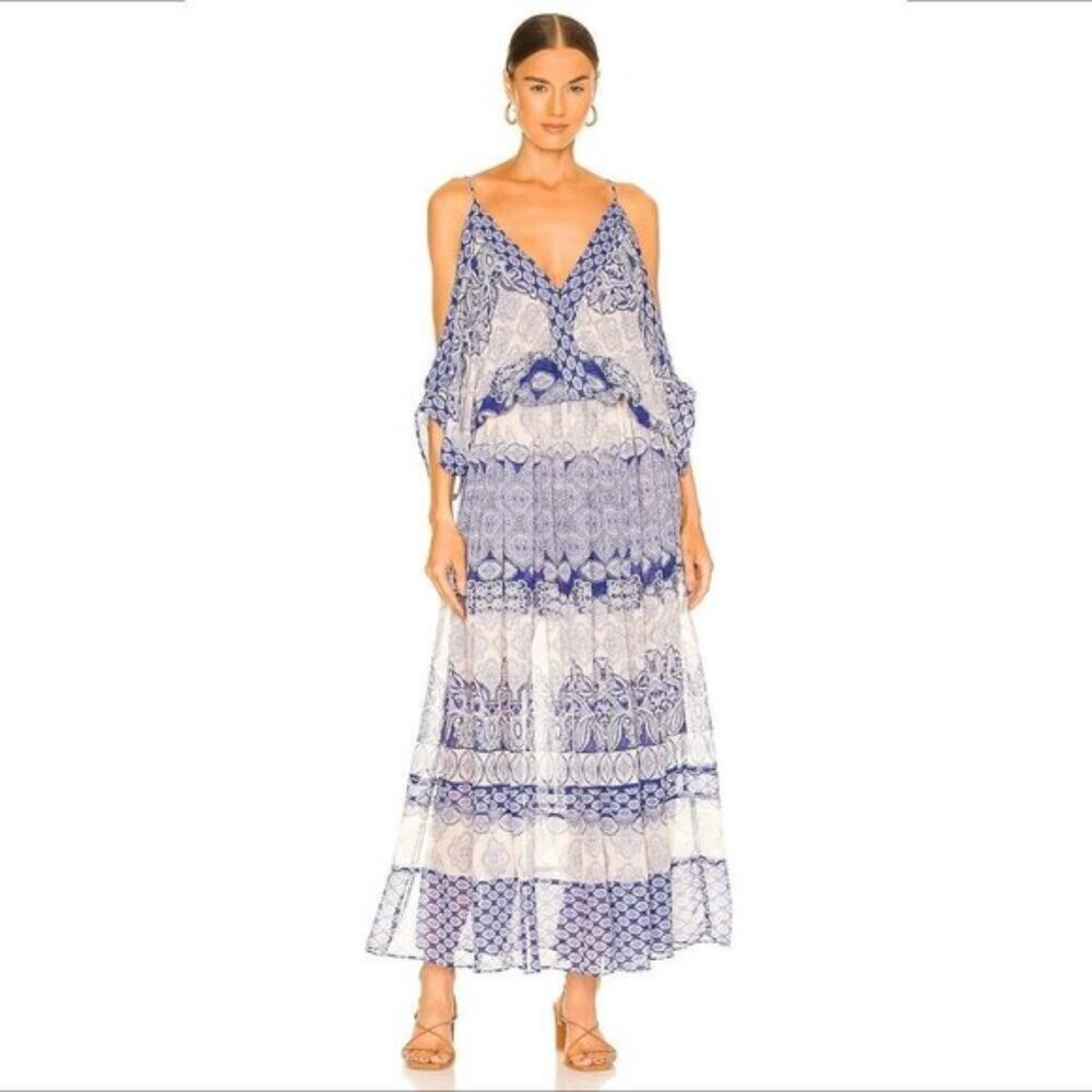 MISA Los Angeles Farah chiffon maxi dress blue print shoulder floaty new XS S